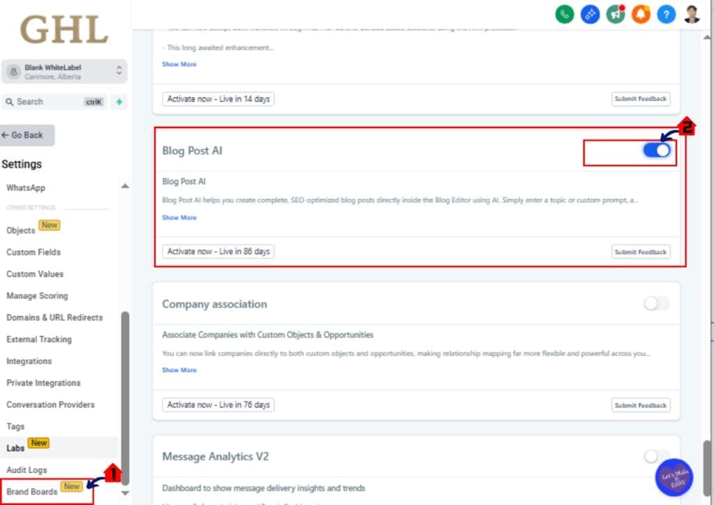 GHL Labs toggle for enabling the AI Blog Generator feature