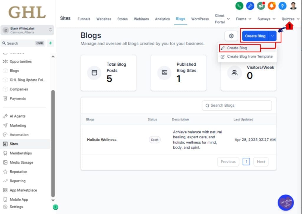GHL Create Blog Post button inside Blogs section