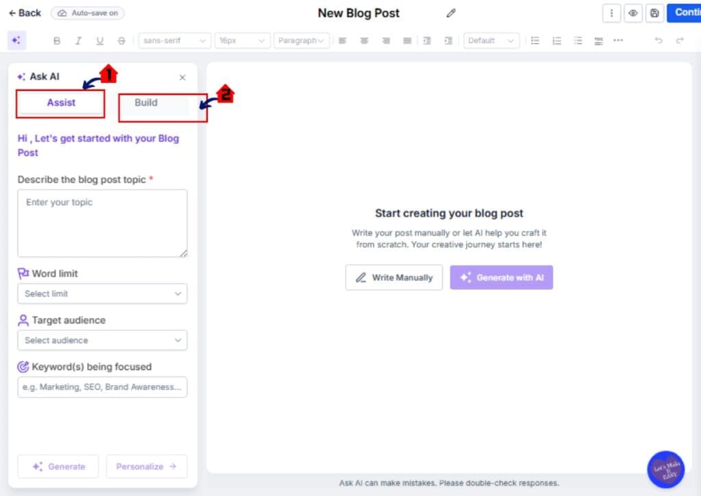 AI Blog Generator Assist Mode and Build Mode options in GHL