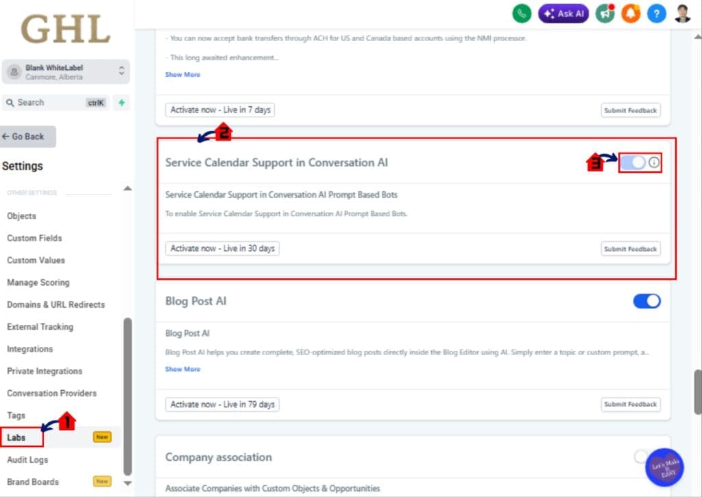 ghl-book-services-ai-02 How to access the GHL AI settings to enable service calendar booking.