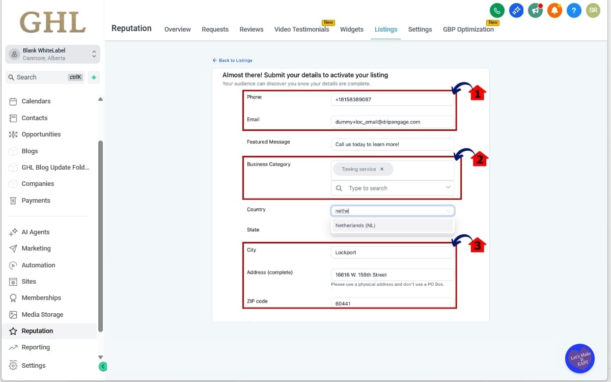 Global Business Listings
- Complete the Business Information