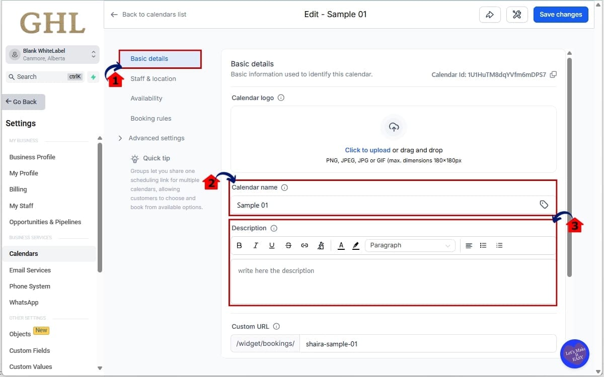 GHL Calendar Settings - Configure the Basic Details for Your Calendar