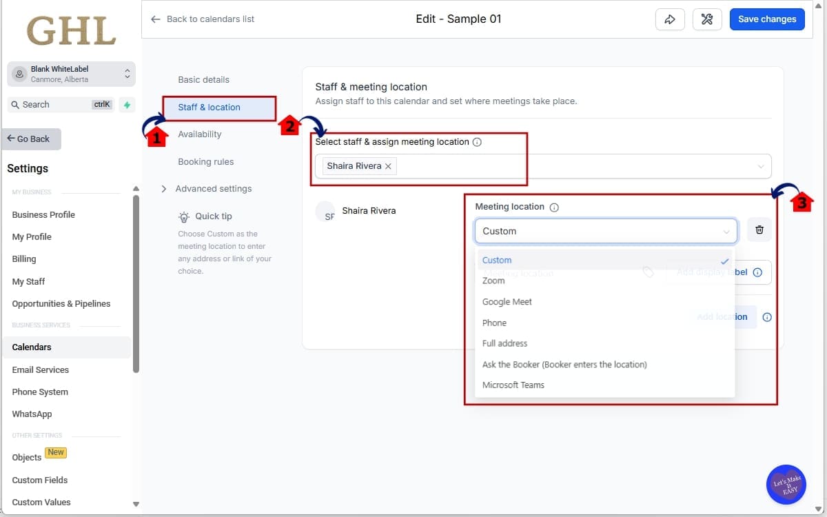 GoHighLevel Calendar Settings - Assign Staff and Define the Meeting Location