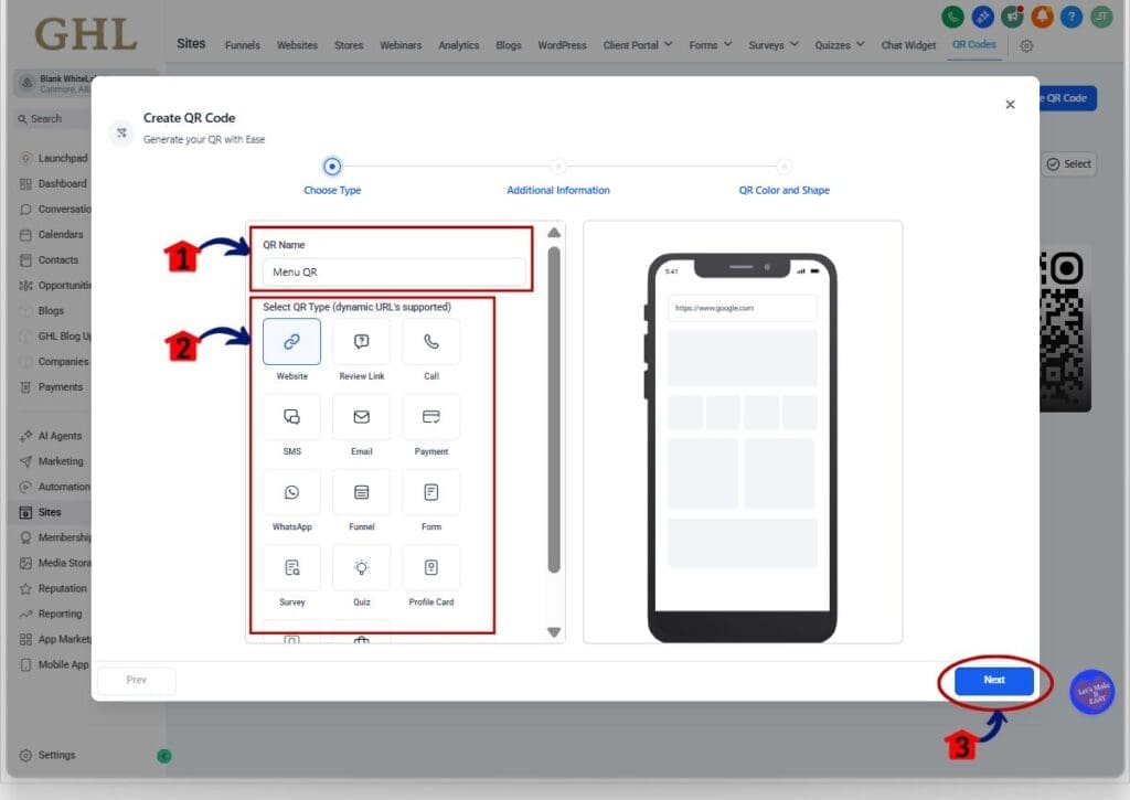 ghl qr code styling - qr type