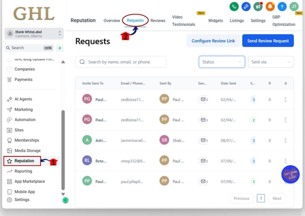how to use ghl review request search