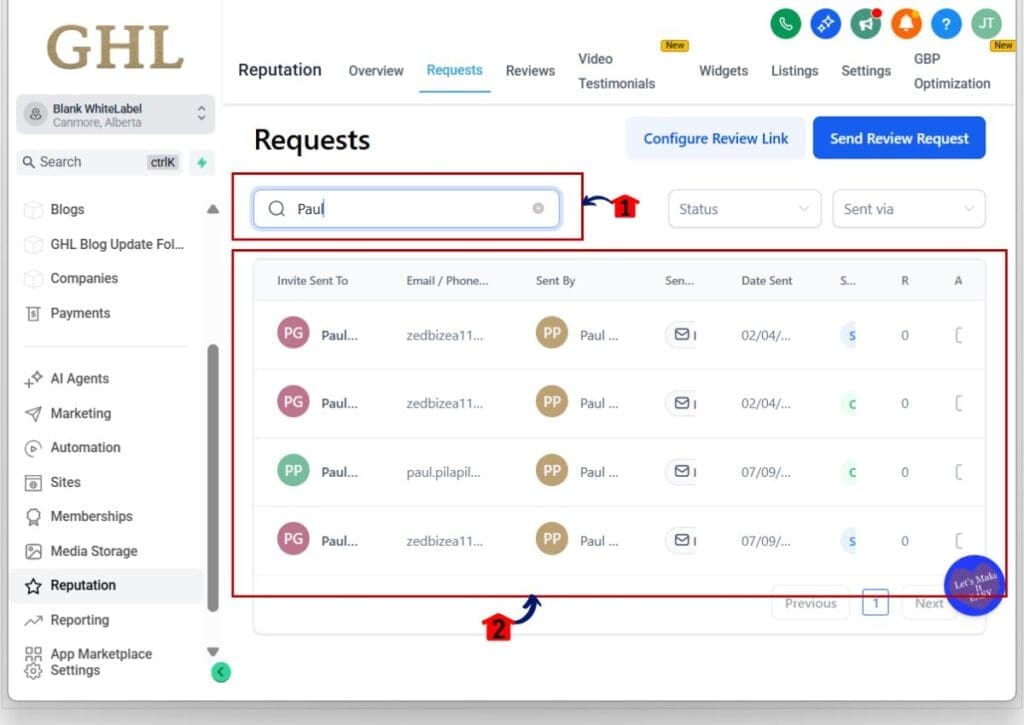 ghl review request search