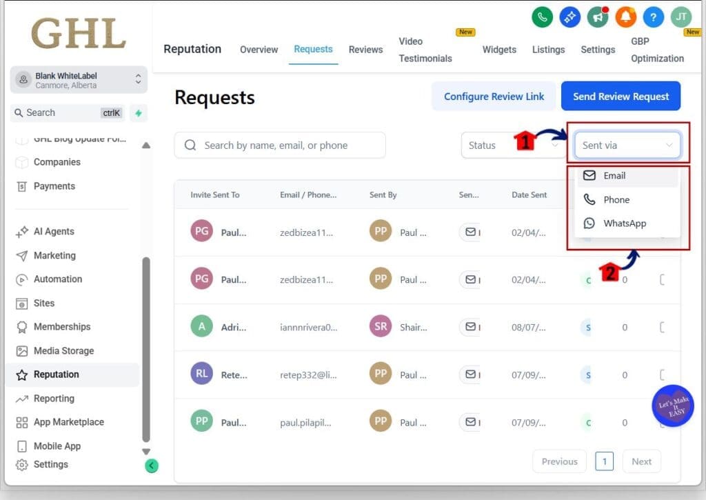 gohighlevel review request search - filter