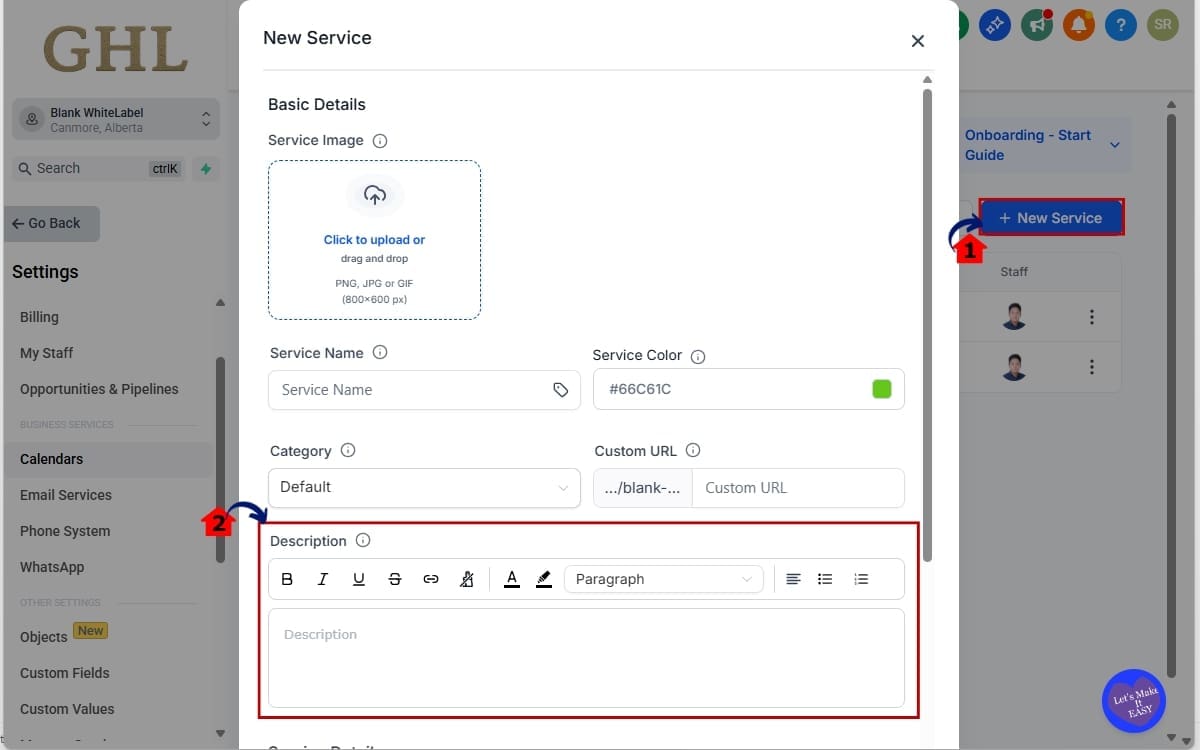 GHL Rich Text Editor - Create a Service in Calendars