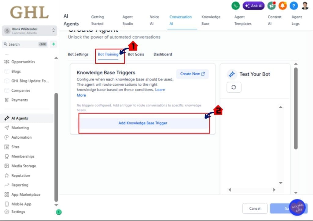 GoHighLevel Conversation AI Triggers – Knowledge Base Tab