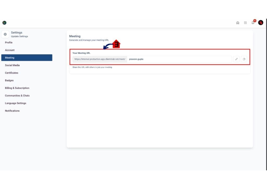 GoHighLevel Calendar Settings page displaying Personal Meeting Link URL with Copy Link button highlighted