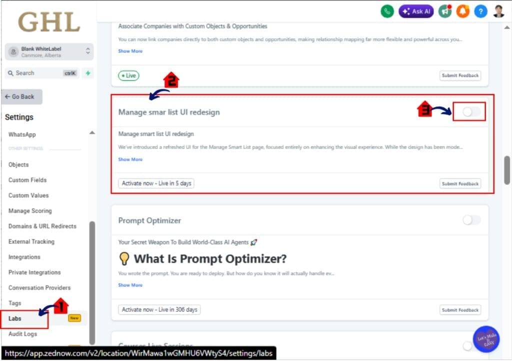 Manage Smart Lists in GoHighLevel – Enable Smart List UI in Labs