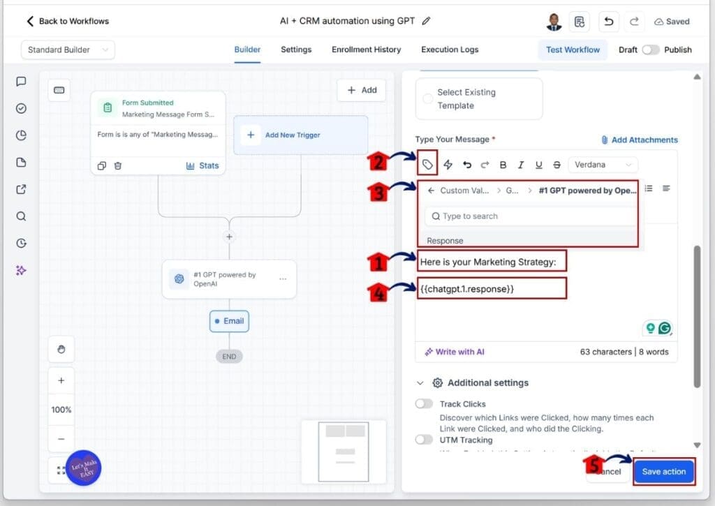 GHL AI workflow automation - Insert GPT response in email body