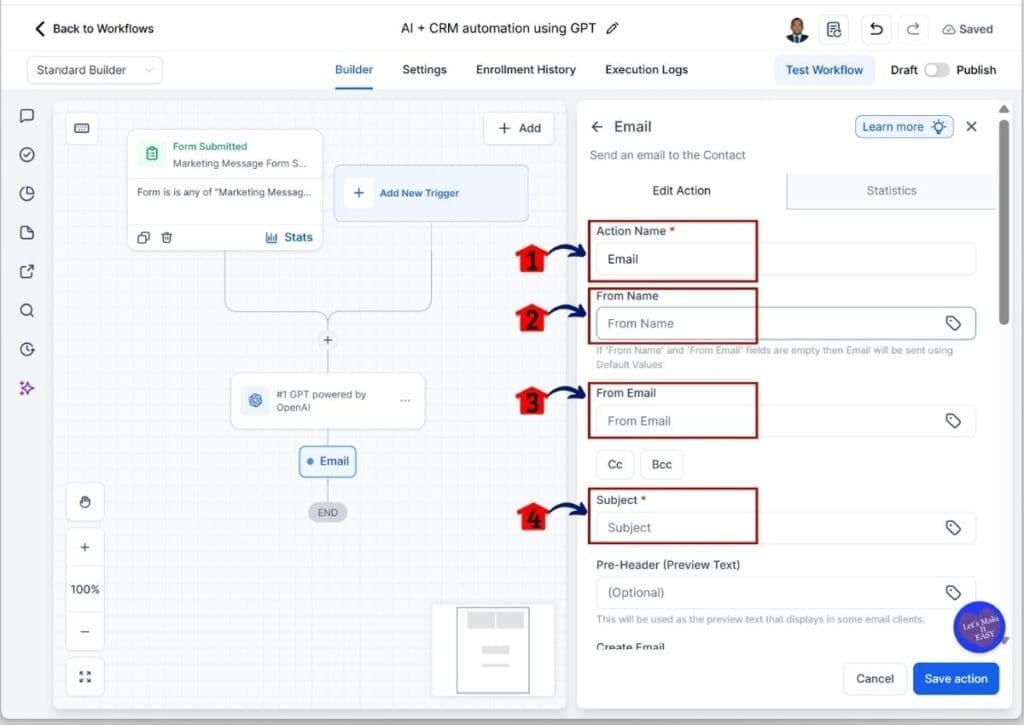 AI workflow automation - Set email subject and sender details