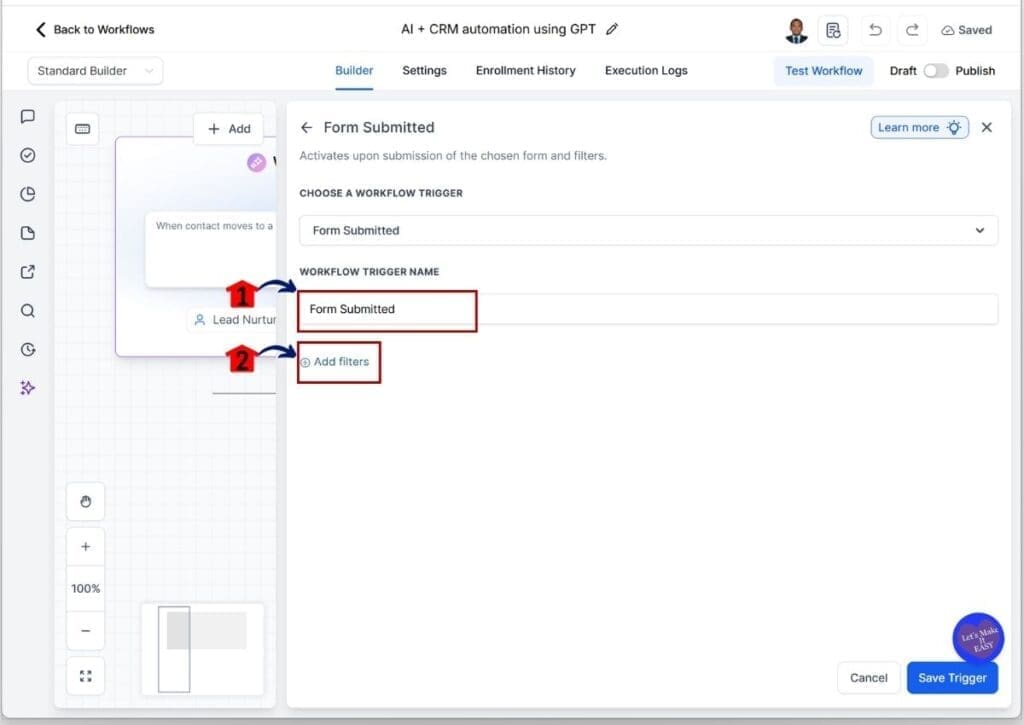 AI workflow automation - Add filters to the Form Submitted trigger