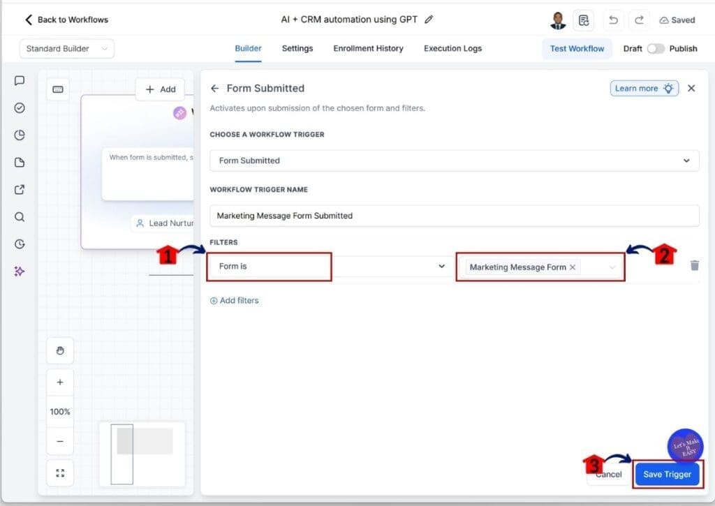 GHL AI workflow automation - Choose Custom Form in trigger filters