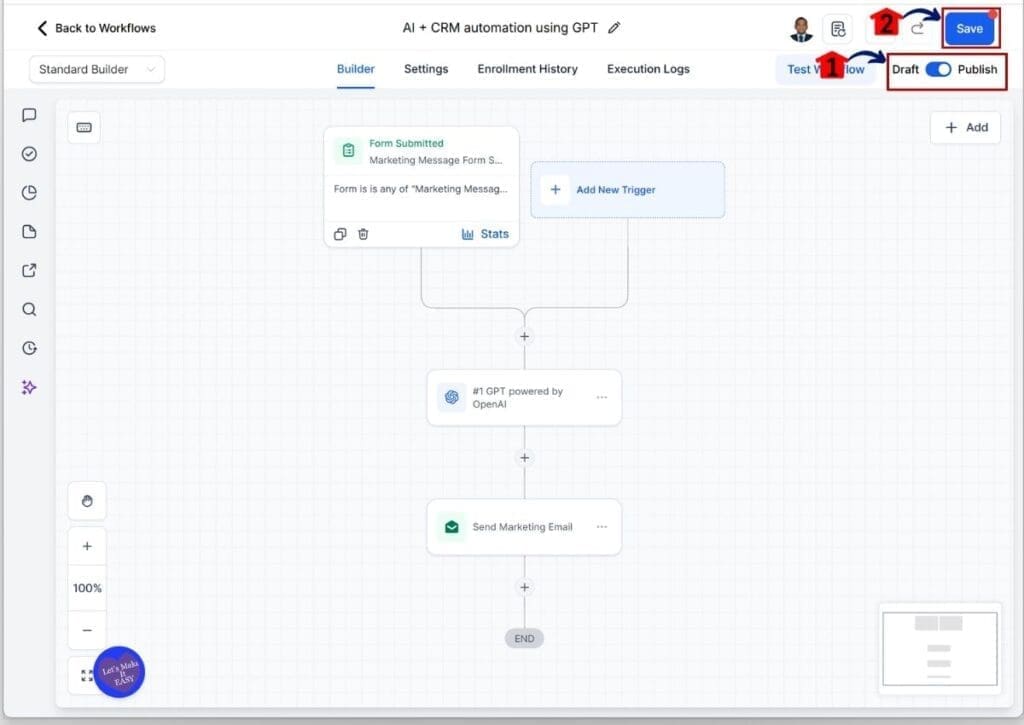 GoHighLevel AI workflow automation - Publish and save workflow