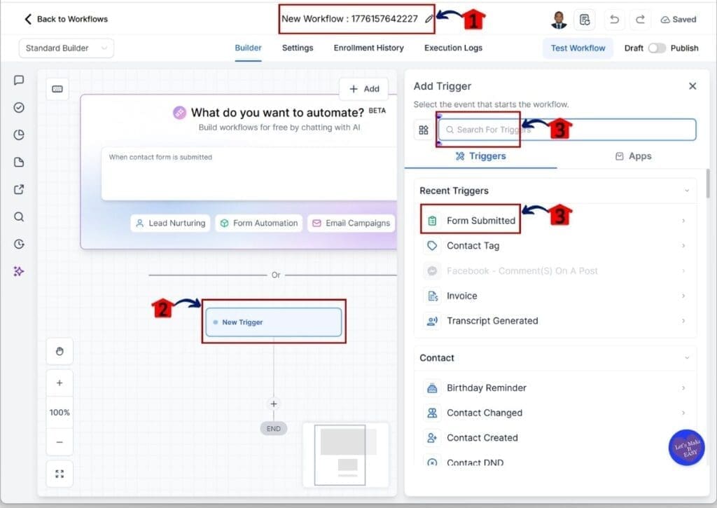GoHighLevel AI workflow automation - Set the Form Submitted Trigger