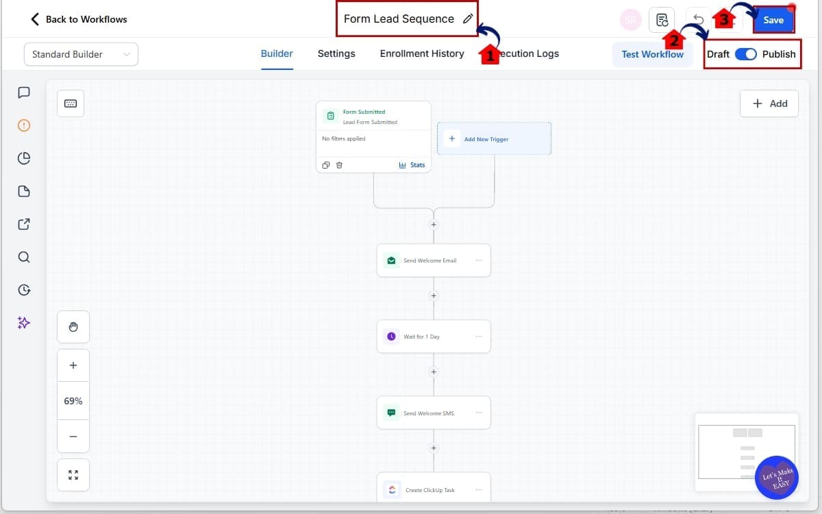 GoHighLevel AI Workflow Builder
 - Finalize Workflow Settings and Save