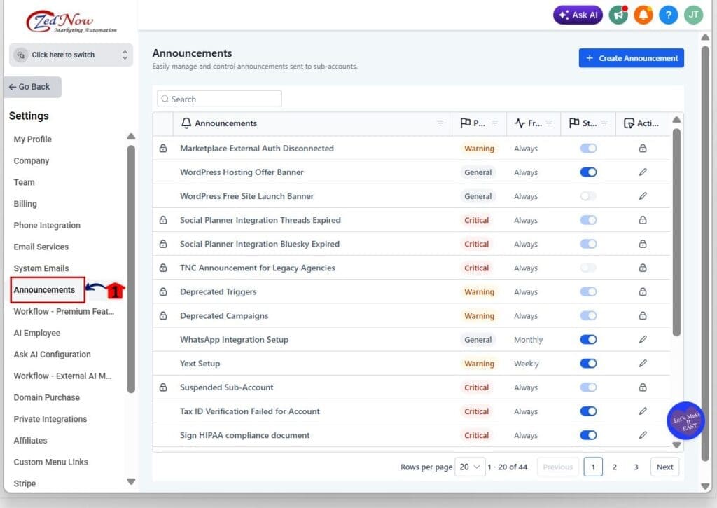 ghl banner notifications - announcement