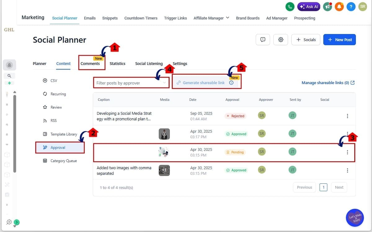 Select the Post(s) That Client Content Approval
 - Require Approval and Generate the Approval Link