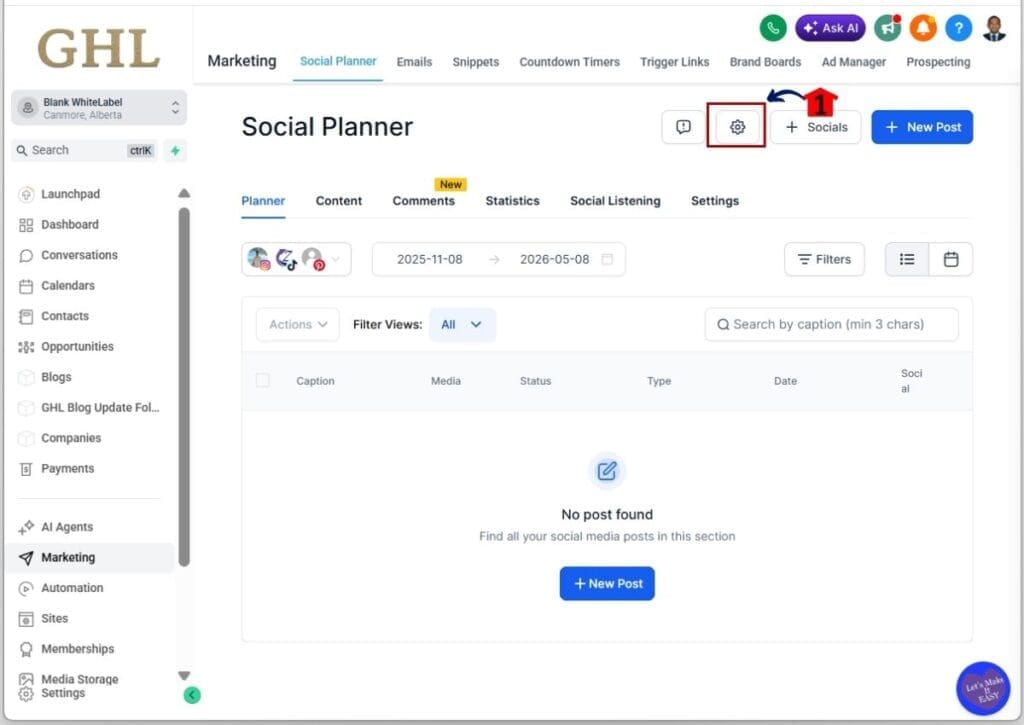 connect social accounts - Click the Social Planner Settings to confirm social integration