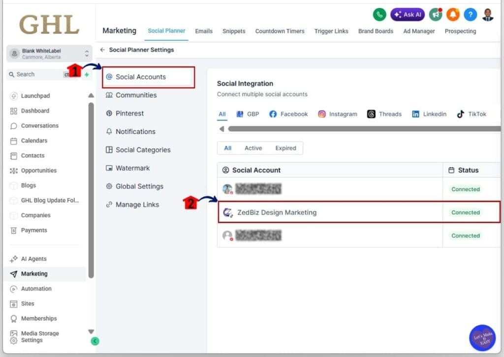 GHL connect social accounts - Check and confirm the integrated social media account
