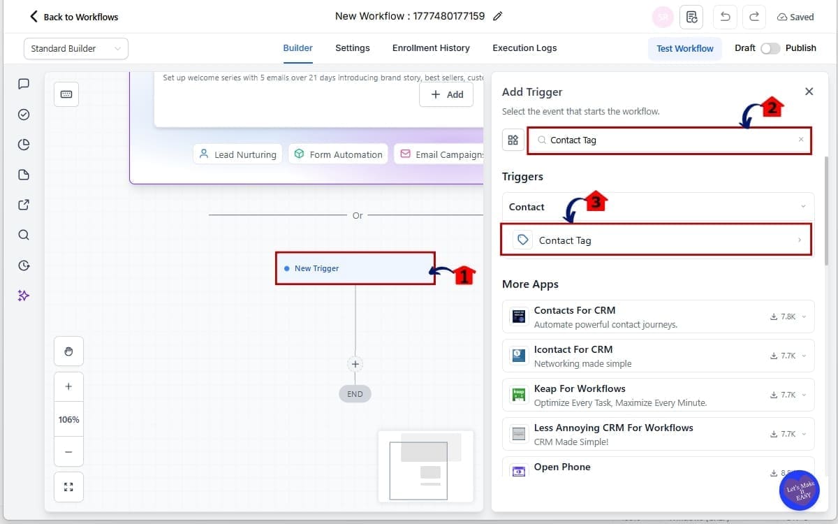 Contact Tag Trigger
 - Add the Contact Tag Trigger in Workflows
