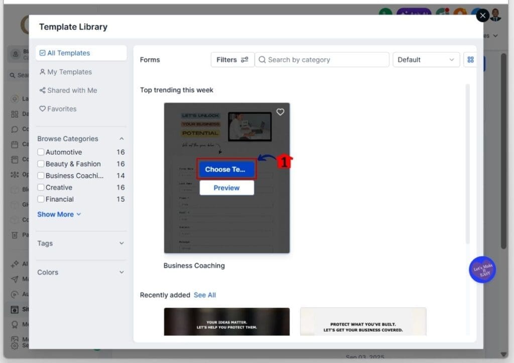 create-custom-form-custom-fields-choose-template GoHighLevel custom fields form builder - Choose a template from the Forms Template Library