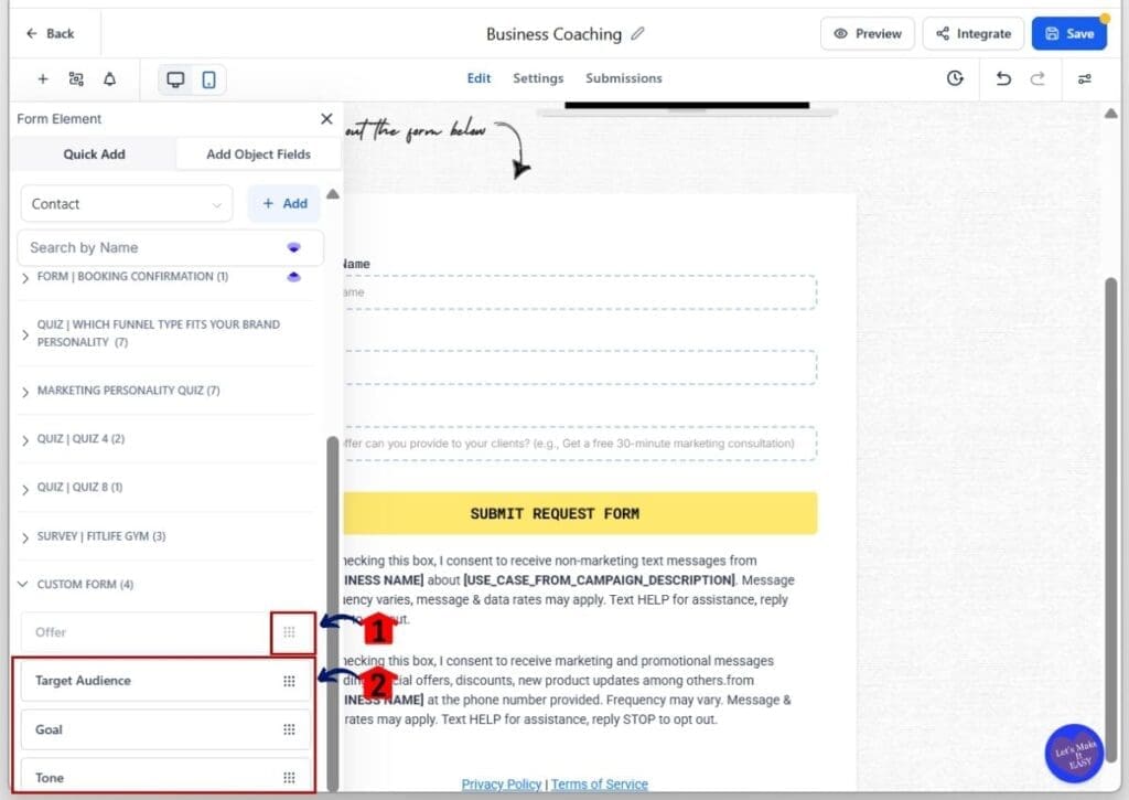 create-custom-form-custom-fields-more-objects GHL custom fields form builder - Add more Custom Field elements and place them in the form canvas