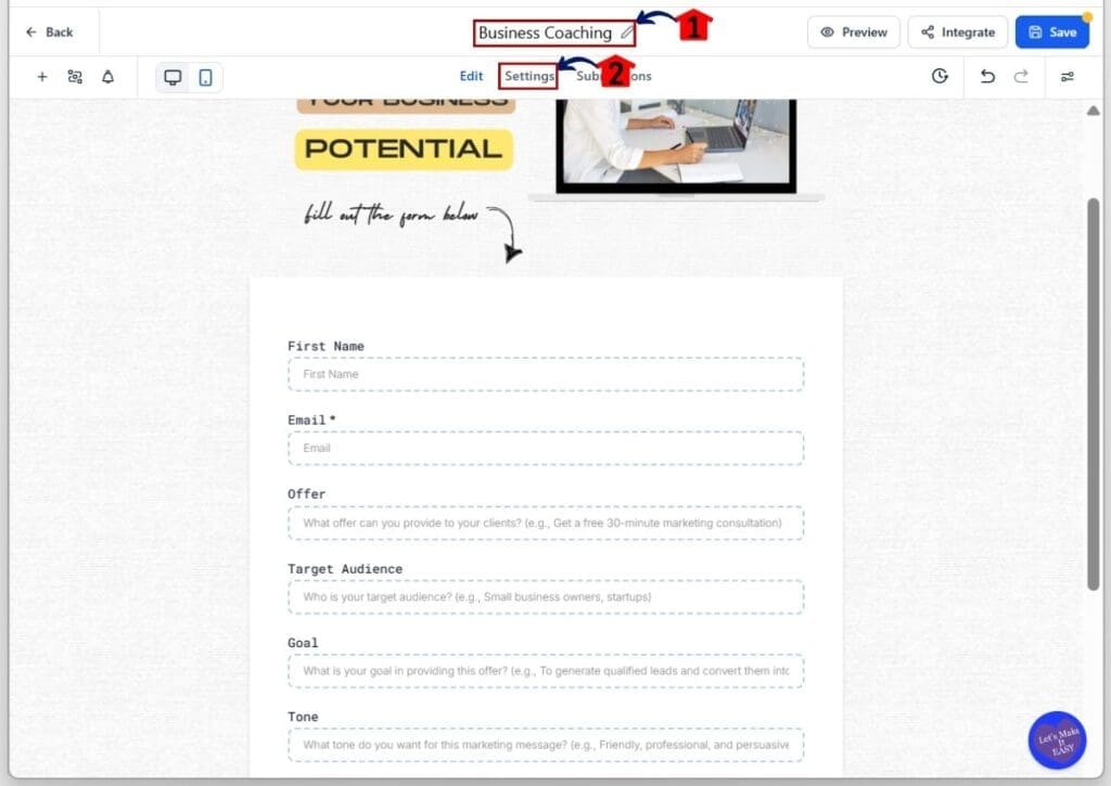 create-custom-form-custom-fields-rename GoHighLevel custom fields form builder - Click the Settings tab after renaming your form