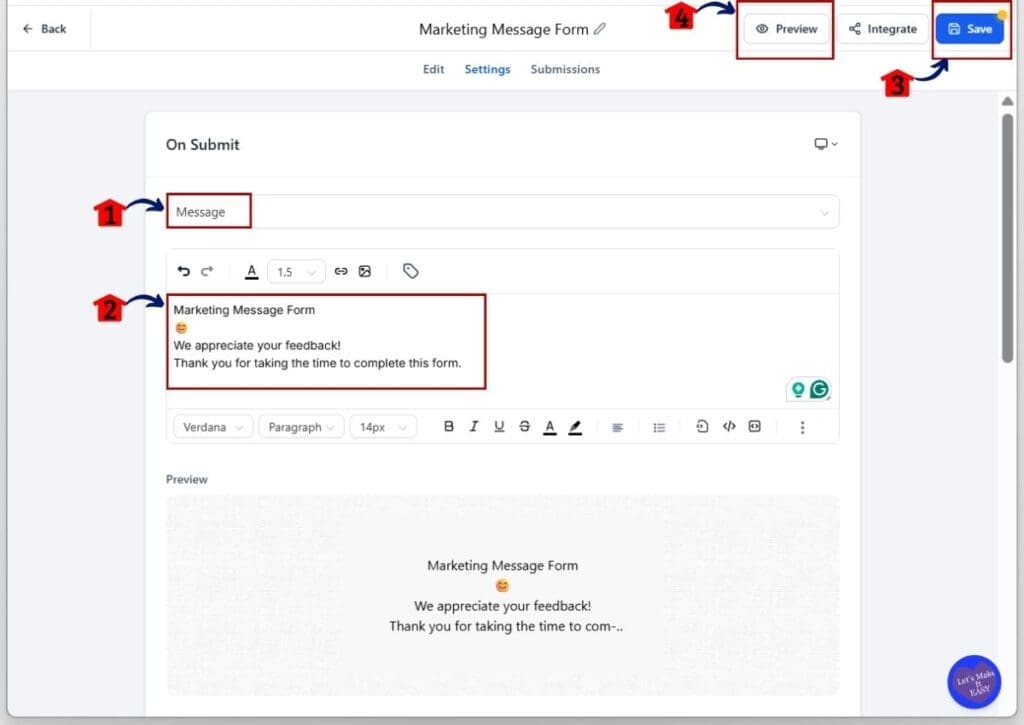 create-custom-form-custom-fields-save Custom fields form builder - Type the Message before saving and testing the form