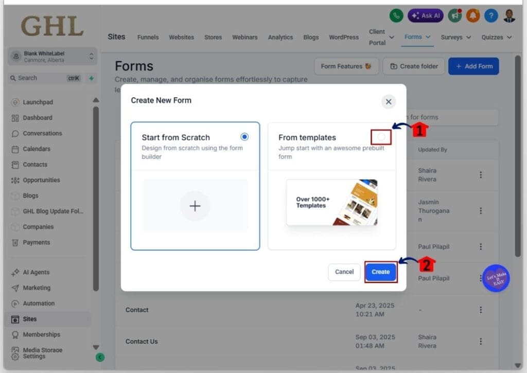 create-custom-form-custom-fields-templates GHL custom fields form builder - Click the Create button after choosing the From templates radio button
