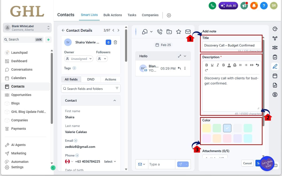 GHL CRM Notes Management
 - Edit the Title and Description of the Notes