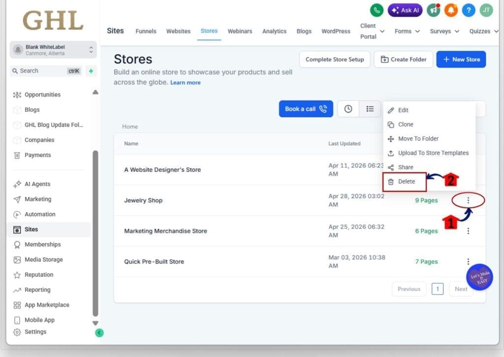 ghl delete store - open