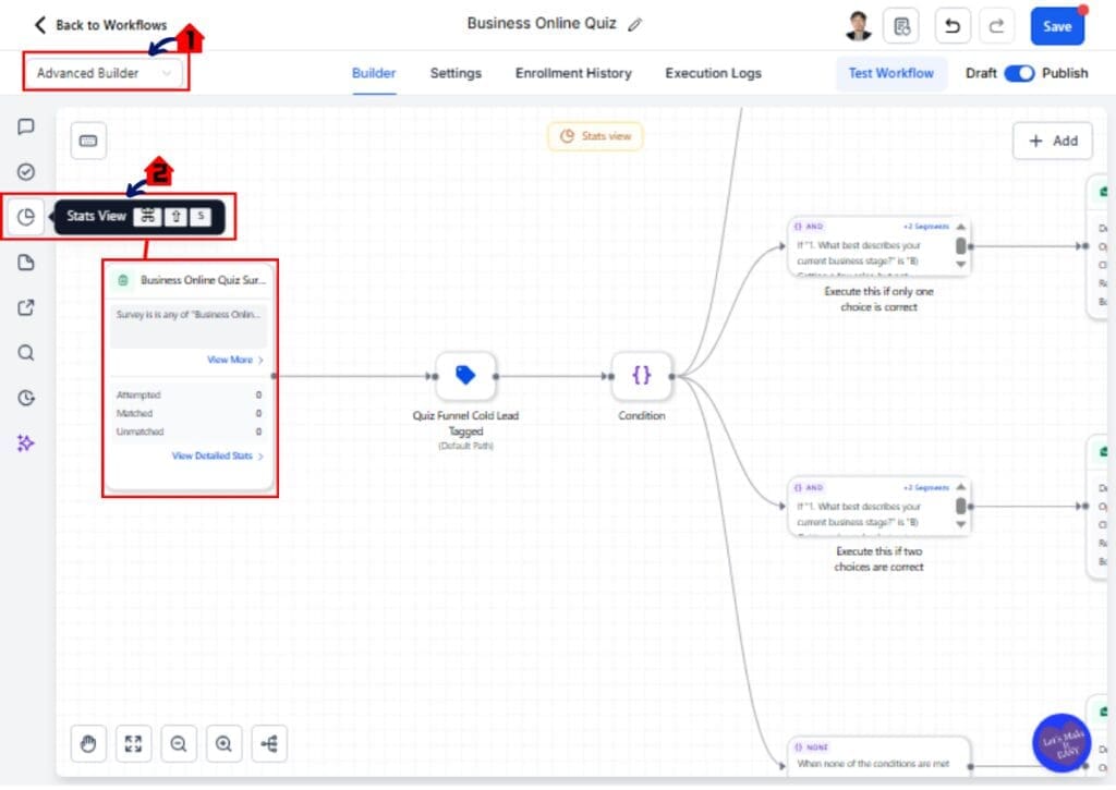GHL Workflow Builder UX stats toggle in Advanced Builder edit mode