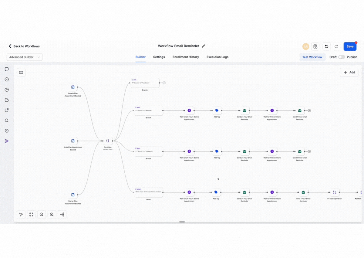 GHL Workflow Builder UX stats toggle in Advanced Builder edit mode