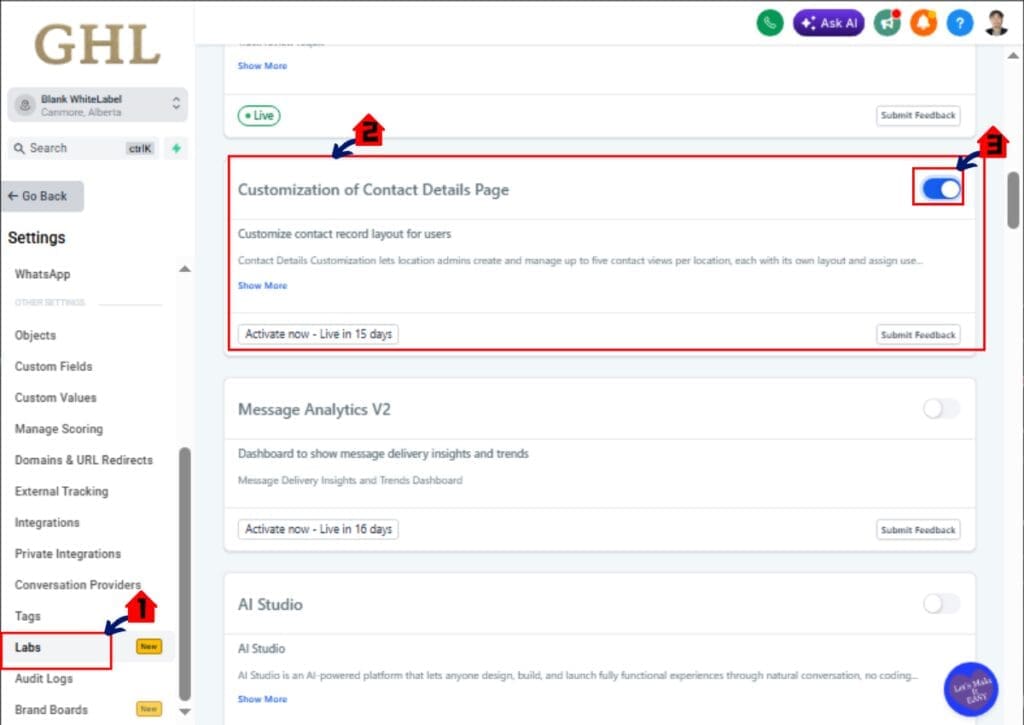 ghl-contact-page-customization-02 GoHighLevel Settings area for Contact Page Customization Labs feature