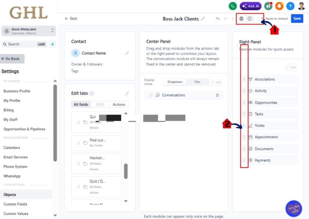 ghl-contact-page-customization-07 Select 2 panel or 3 panel layout in Contact Page Customization GHL