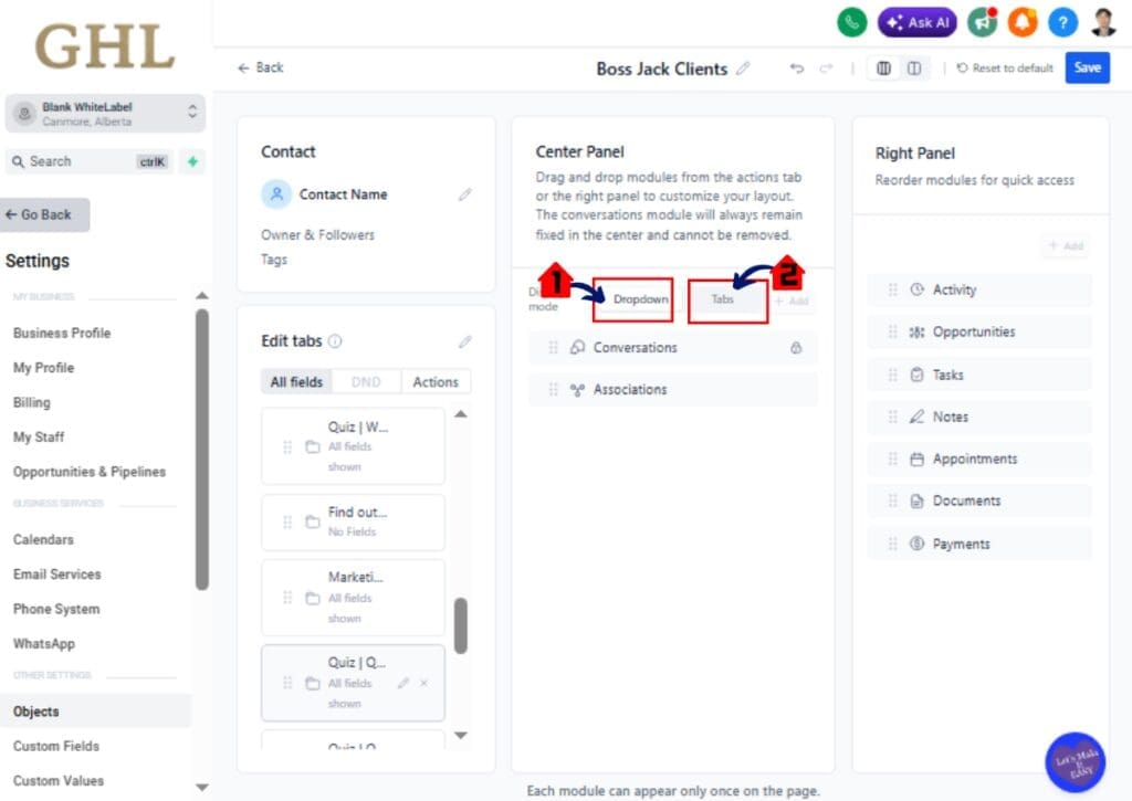 ghl-contact-page-customization-08 Configure modules as tabs or dropdown in GHL contact layout