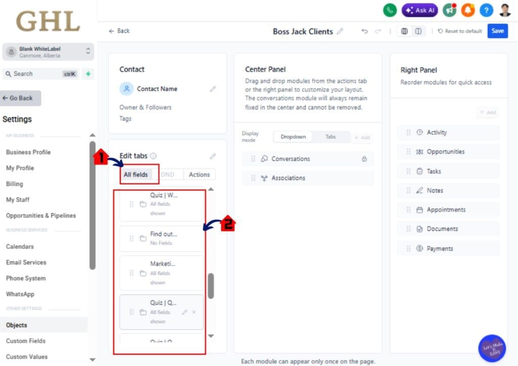 ghl-contact-page-customization-09 Show or hide custom fields in GoHighLevel Contact Page Customization