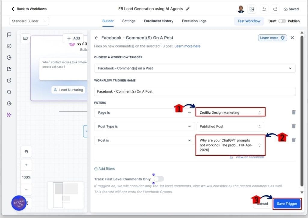 Facebook DM automation - Choose the Facebook page and post before saving the trigger