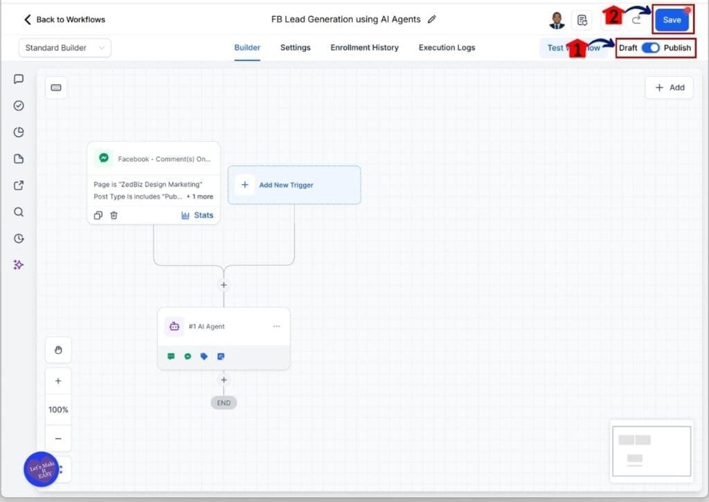 Facebook DM automation - Publish and Save your workflow