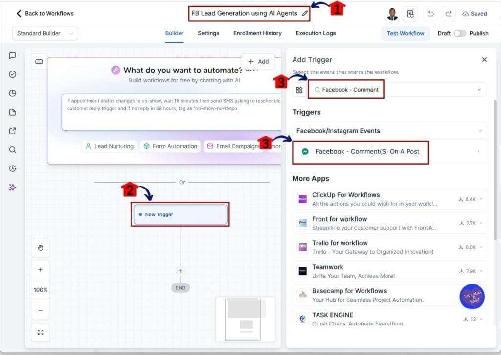 GoHighLevel Facebook DM automation - Set the Facebook Comment on A Post Trigger