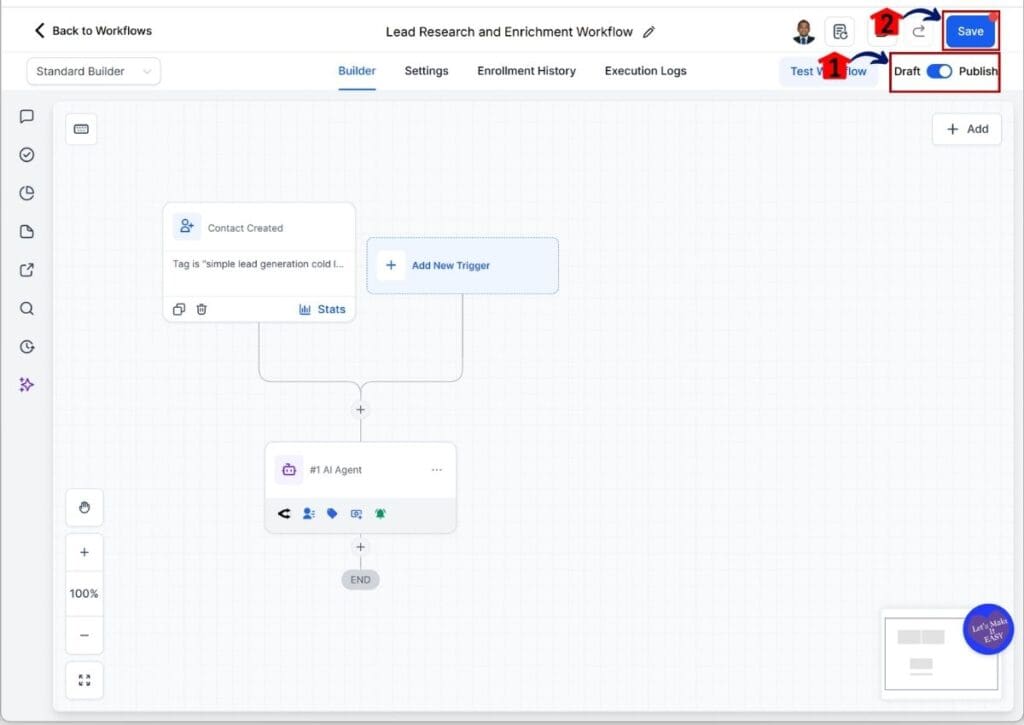 GHL lead enrichment workflow - Publish and save your workflow
