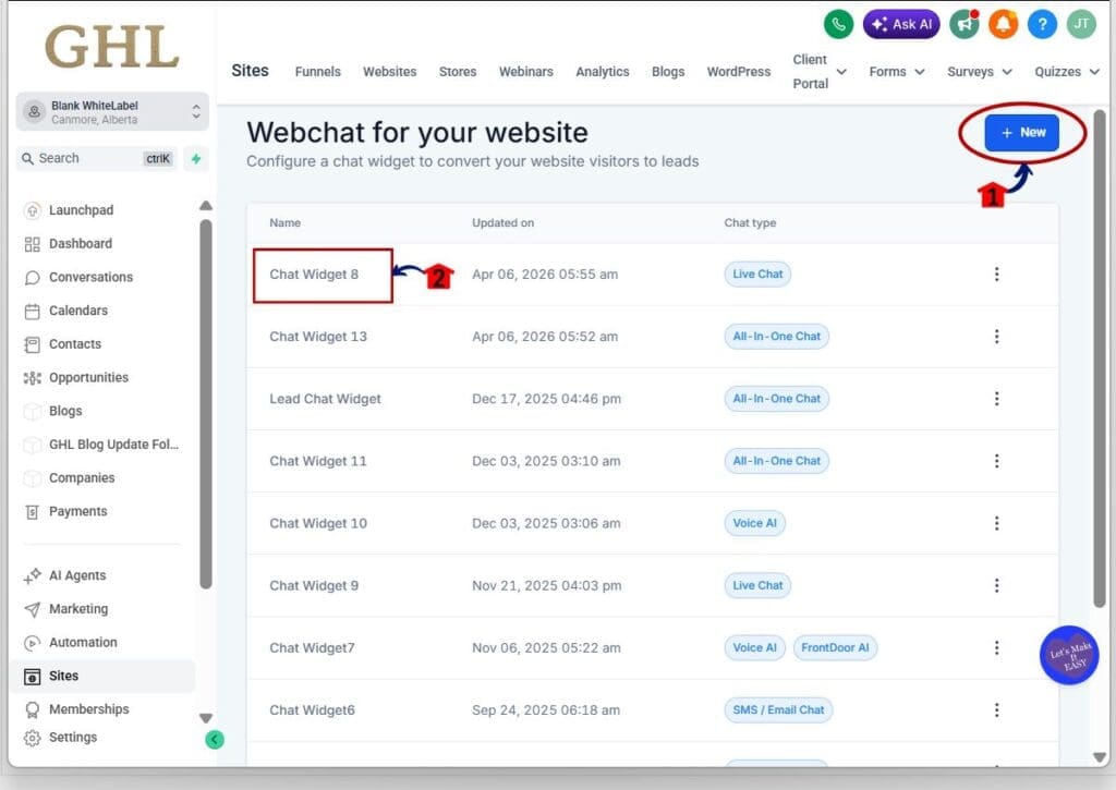ghl inline chat widget - create