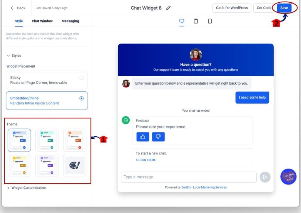inline chat widget - customize