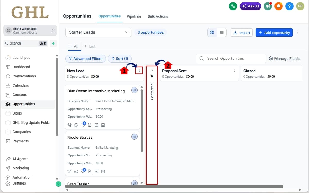 GHL Kanban pipeline view
 - Collapse a Pipeline Stage in Opportunities