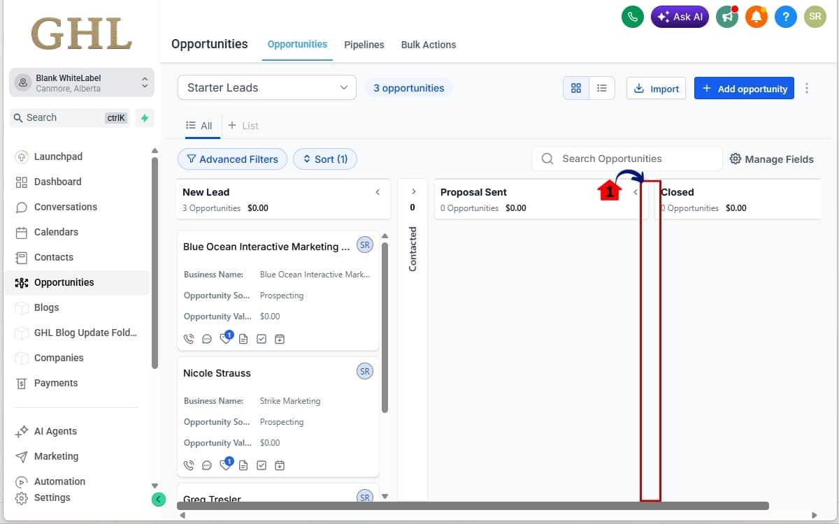 GoHighLevel Kanban pipeline view
 - Resize a Pipeline Stage Column
