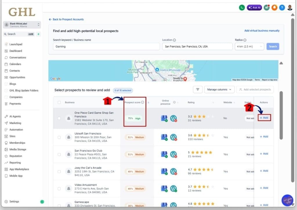GoHighLevel local lead generation - Search for your prospects' business industry, location, and radius coverage