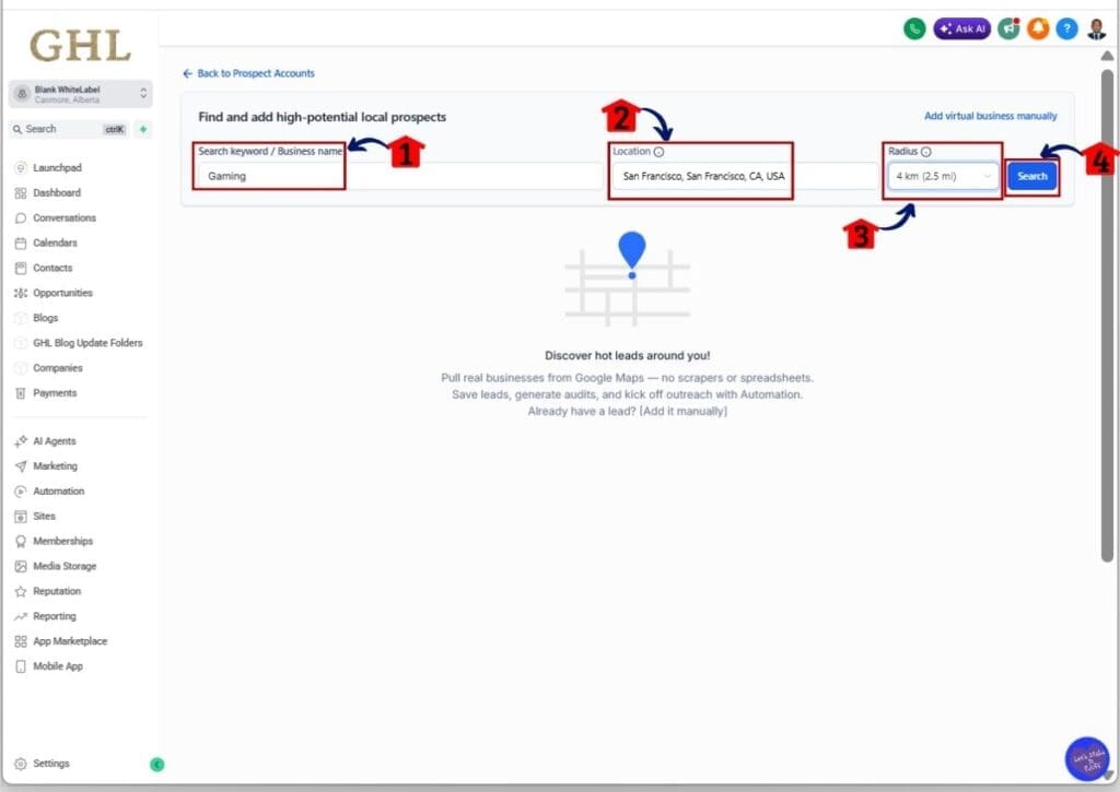 GHL local lead generation - Access the Add Prospect button in the Marketing Prospect tab